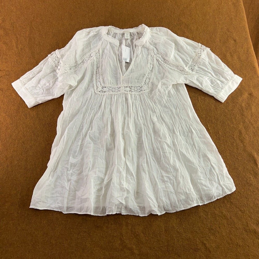 H&M Womens Medium White Crochet Lace Gauze Boho Peasant Blouse New